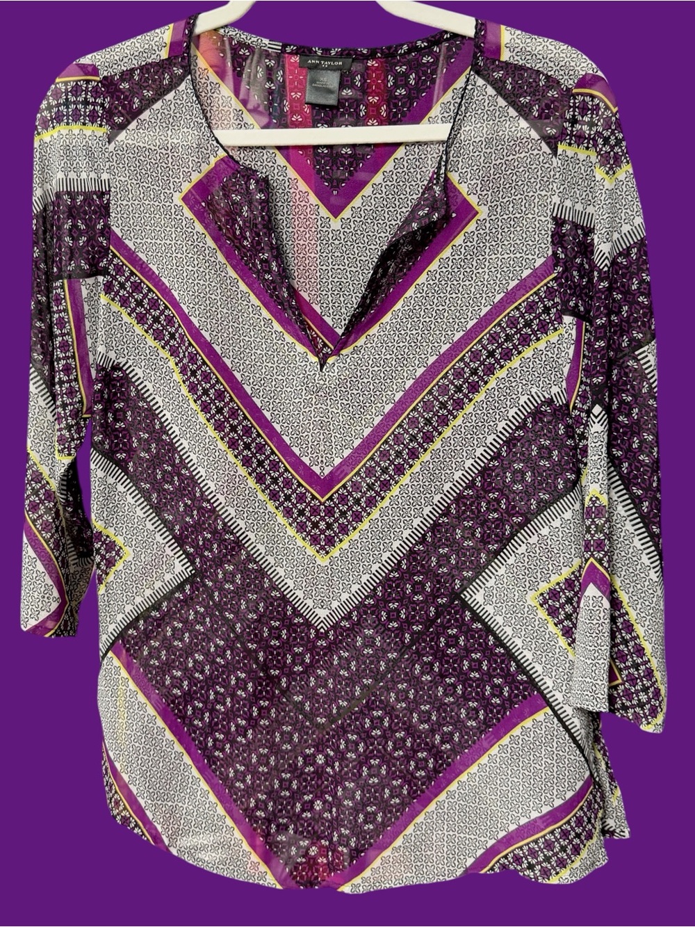 Ann Taylor women’s size XS blouse V-neck chiffon sheer purple yellow gray